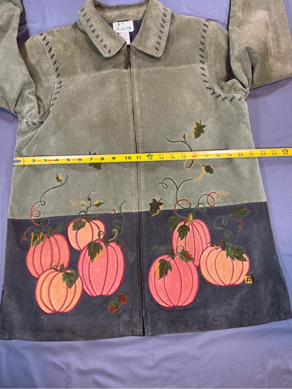 Quacker Factory Green Suede Pumpkin Embroidered Leather Jacket - Picture 6 of 7